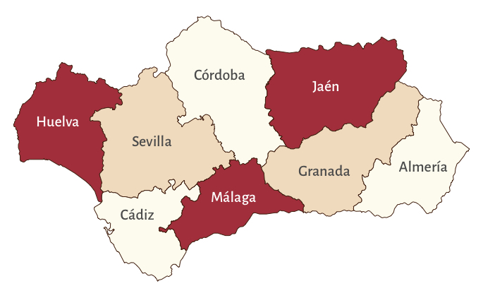 Map of Andalucia divided into provinces